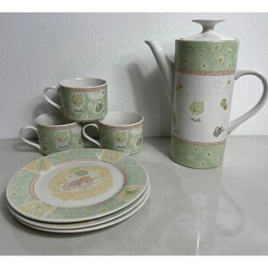Country Garden Tea Kettle Pot Plates and Cups Maple Leaf Design Stoneware Set